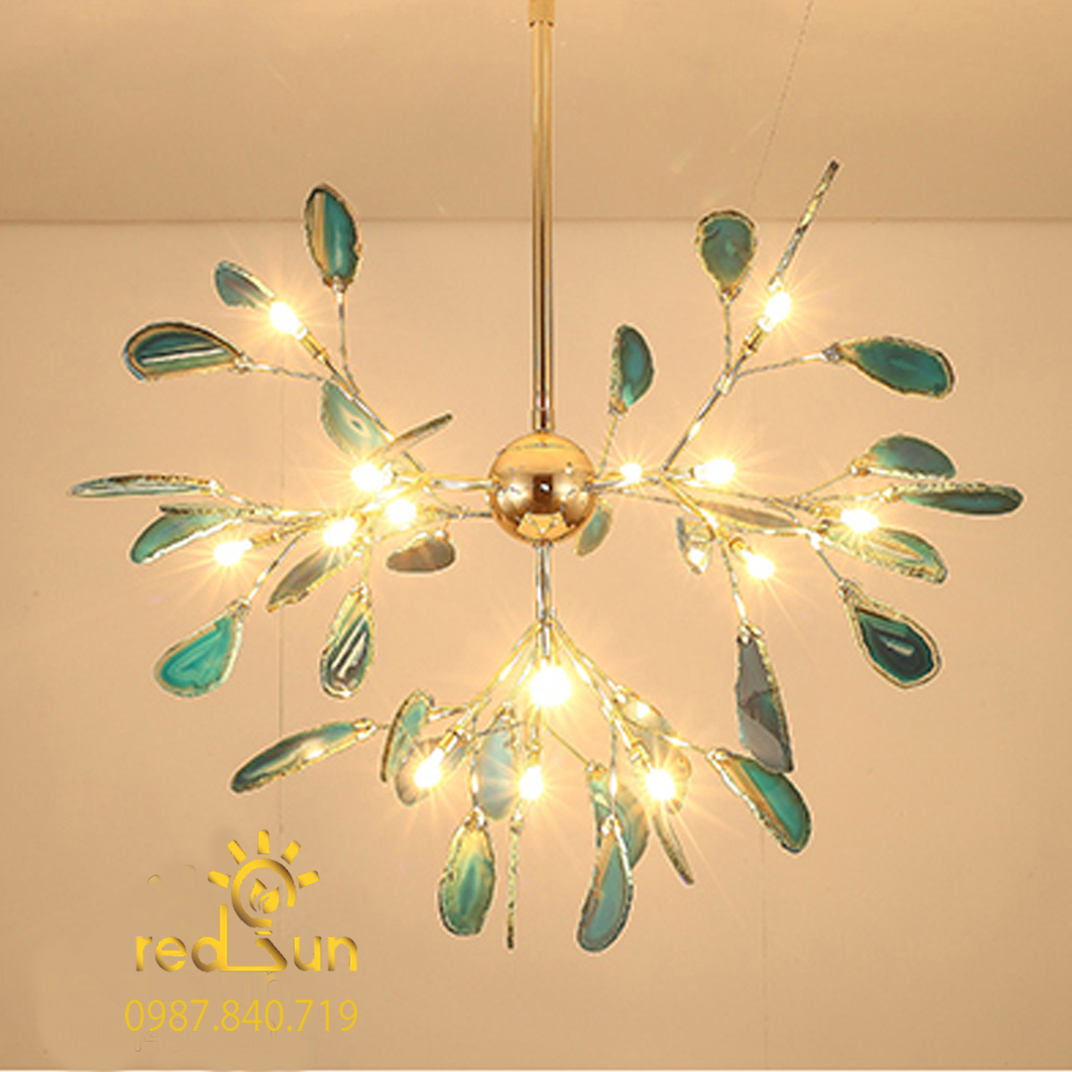 DC044-Đèn chùm Hera lá đá dáng thả chùm màu xanh lá cây
