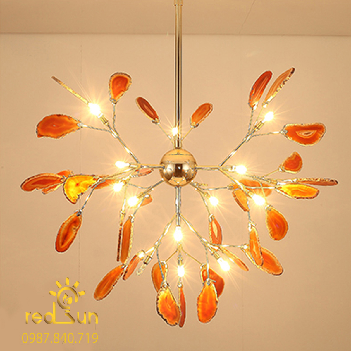 DC042-Đèn chùm Hera lá đá dáng thả chùm màu đỏ
