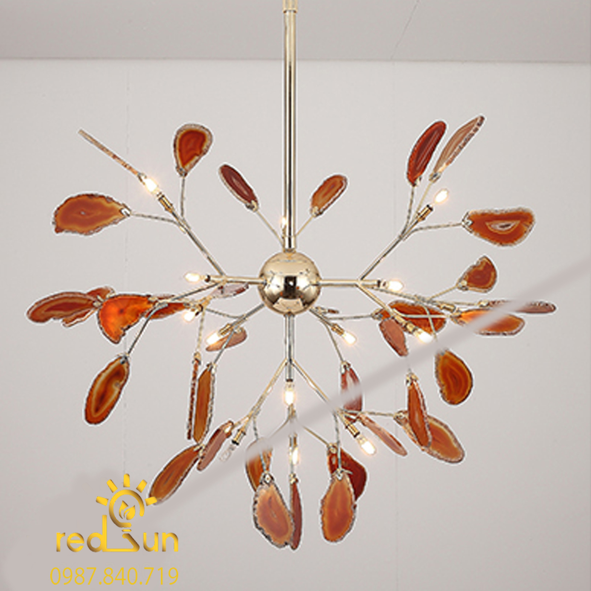 DC044-Đèn chùm Hera lá đá dáng thả chùm màu xanh lá cây