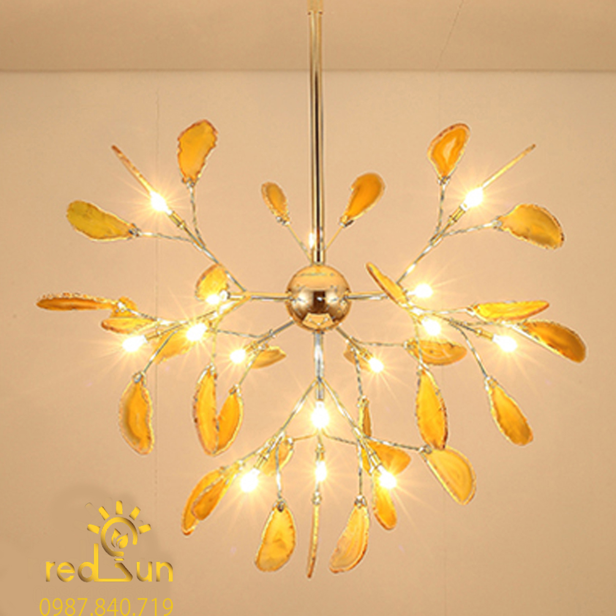DC046 -Đèn chùm Hera lá đá dáng thả chùm màu cam đất