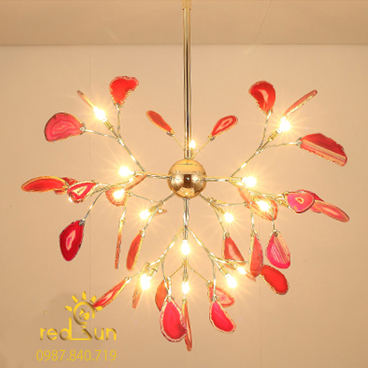 DC042-Đèn chùm Hera lá đá dáng thả chùm màu đỏ