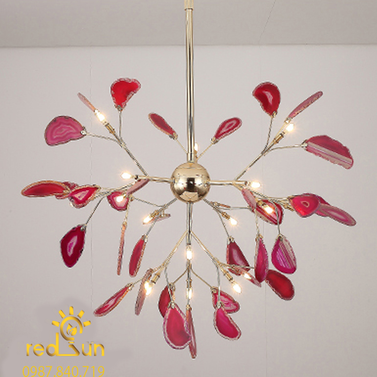 DC042-Đèn chùm Hera lá đá dáng thả chùm màu đỏ