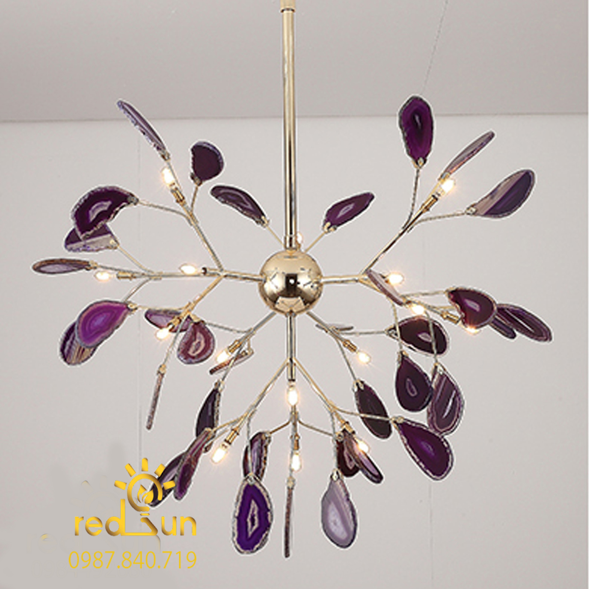 DC044-Đèn chùm Hera lá đá dáng thả chùm màu xanh lá cây