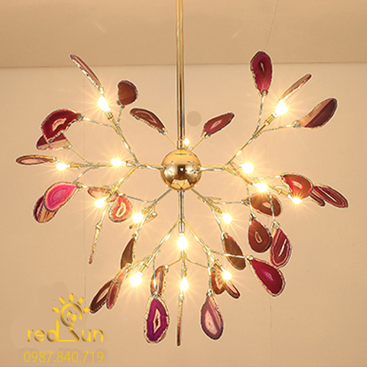 DC045-Đèn chùm Hera lá đá dáng thả chùm màu tím