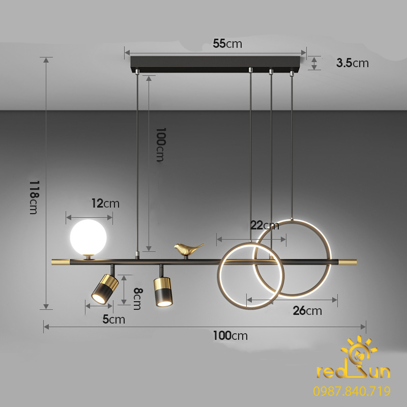 ĐÈN THẢ NGANG NGHỆ THUẬT 2 VÒNG LED CHIM MỚI DC-40