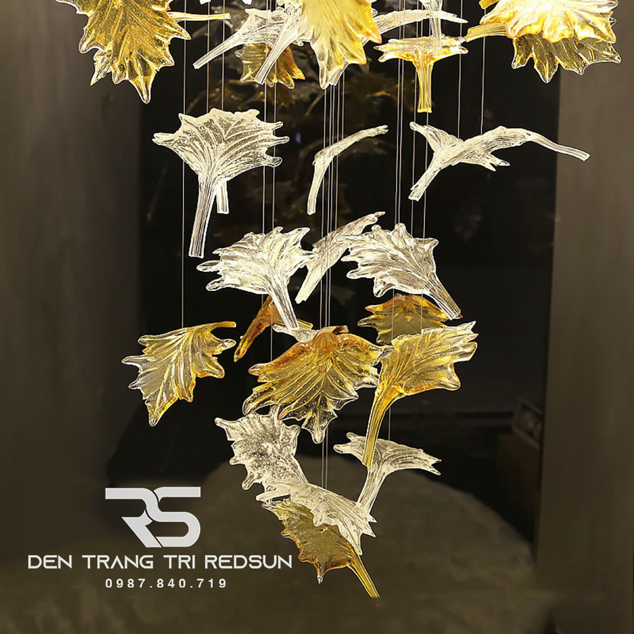 Đèn Thả Hiện Đại Lắp Phòng Khách, Sảnh Chờ, Cầu Thang Thông Tầng Lá Phong Chất Liệu Thuỷ Tinh HTK053