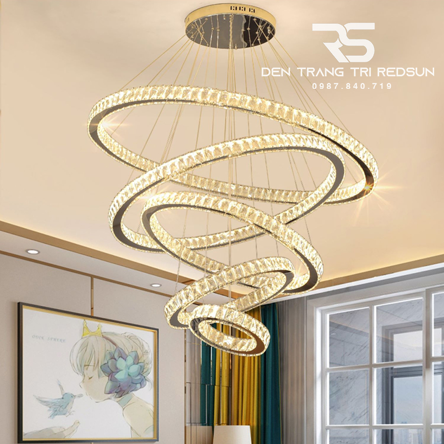 Đèn Chùm Pha Lê Hiện Đại Cao Cấp Lắp Thông Tầng Phòng Khách, Cầu Thang, Sảnh Khách Sạn TPLTD Bản 5cm