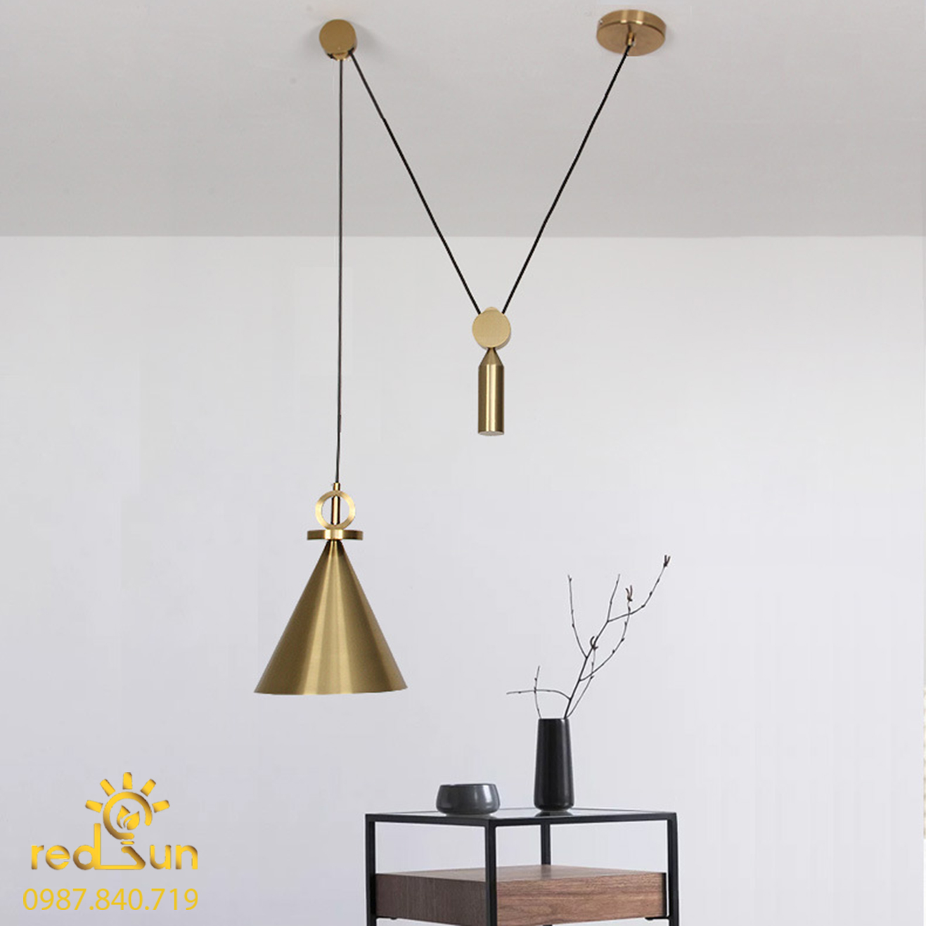 Chao đèn thả ròng rọc phễu đồng CDT-T031