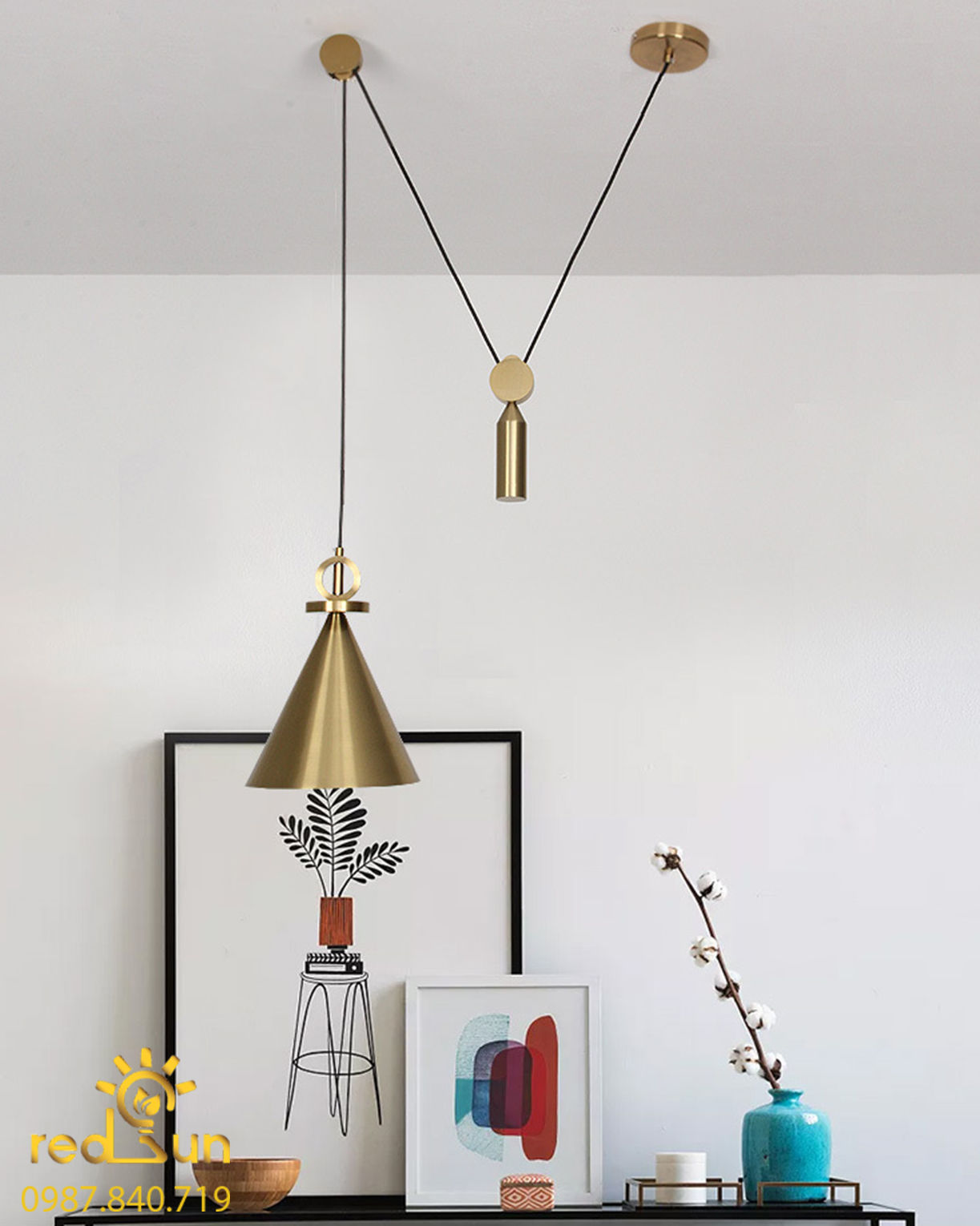 Chao đèn thả ròng rọc phễu đồng CDT-T031