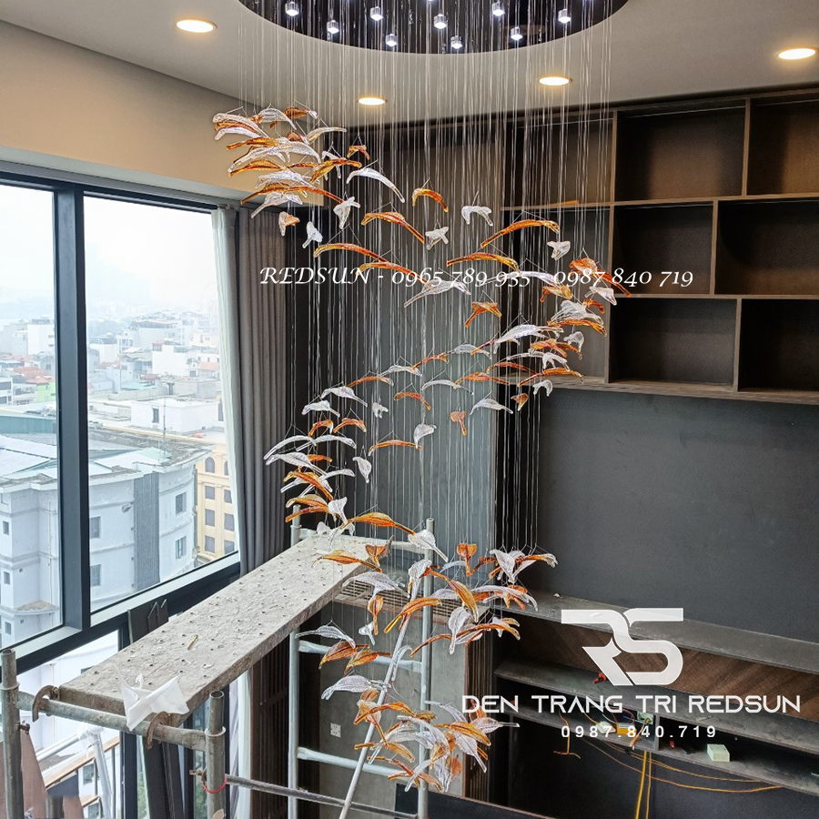 Đèn Thả Hiện Đại Lông Vũ Thuỷ Tinh Lắp Phòng Khách, Sảnh Chờ, Cầu Thang Thông Tầng HTK055