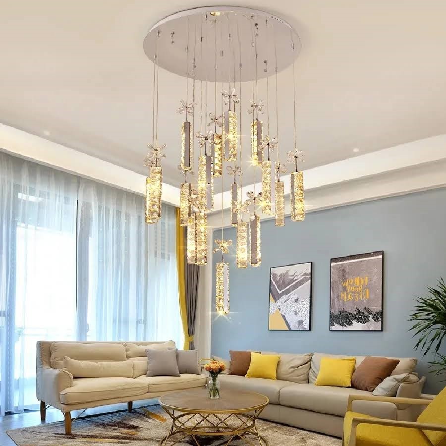 Đèn Thả Trần Hiện Đại Lắp Thông Tầng Cầu Thang, Phòng Khách, Bàn Ăn Chất Liệu Pha Lê HTK041