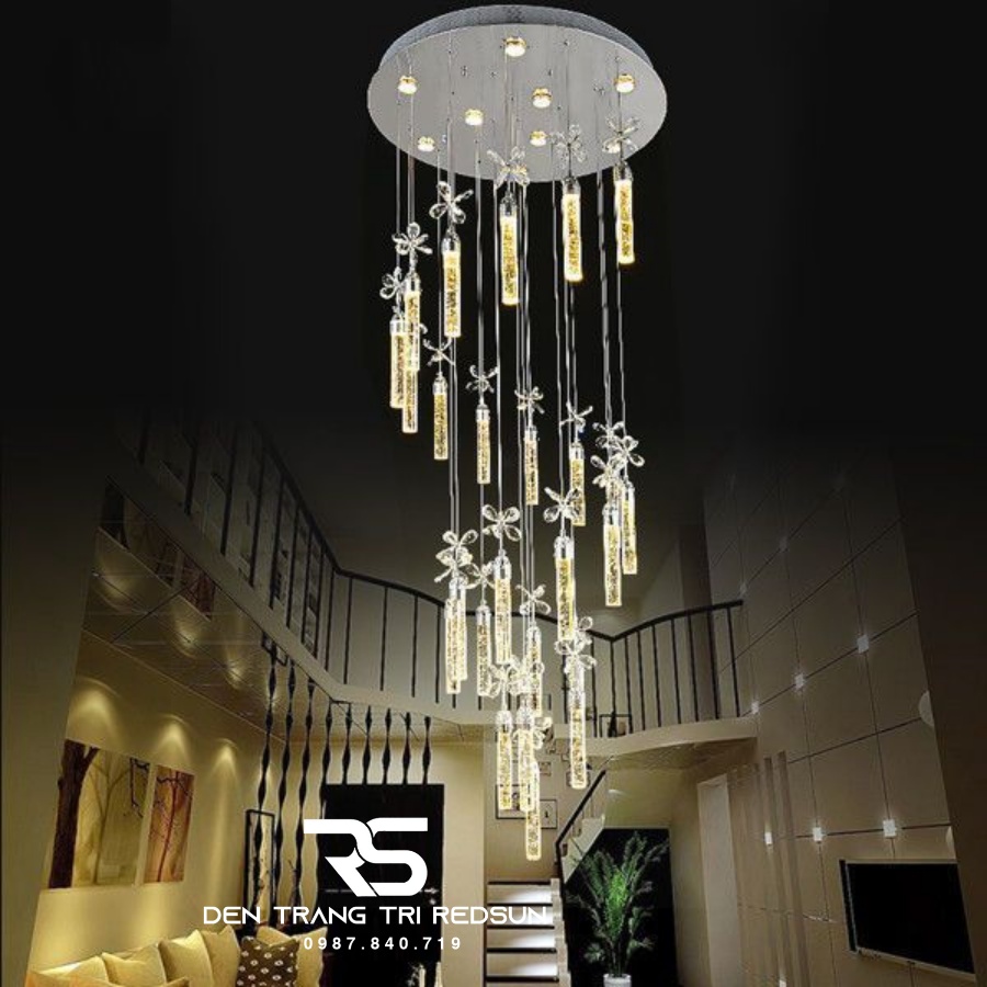 Đèn Thả Trần Hiện Đại Lắp Thông Tầng Cầu Thang, Sảnh Khách Sạn, Phòng Khách Chất Liệu Pha Lê HTK015