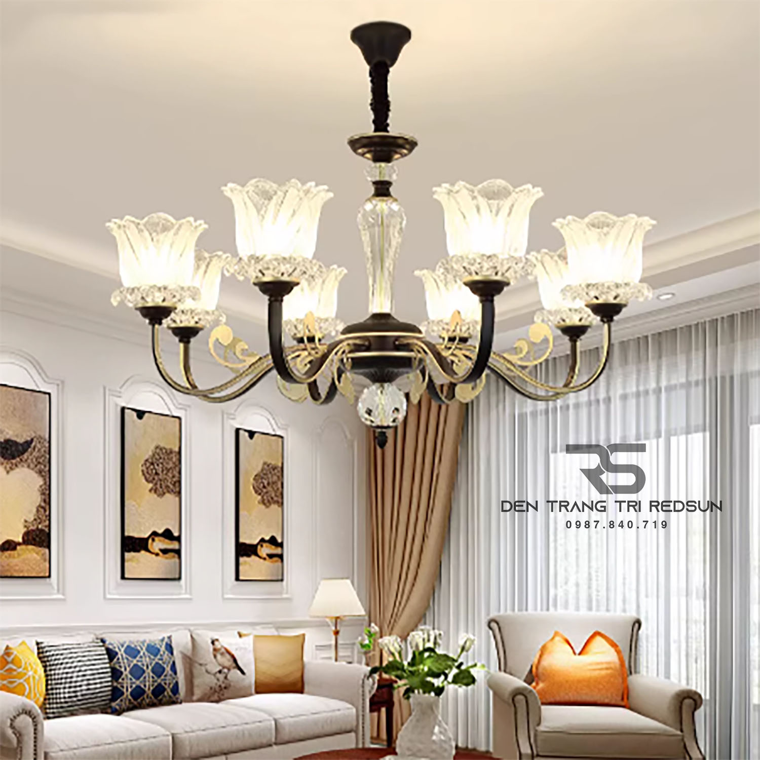 Đèn Chùm Phòng Khách Hiện Đại Phong Cách Indochine Chao Thủy Tinh IDC-C256