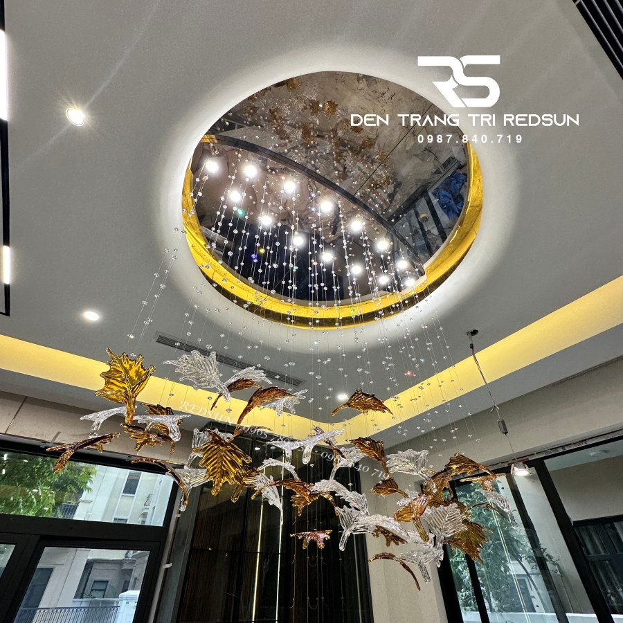 Đèn Thả Hiện Đại Lắp Phòng Khách, Sảnh Chờ, Cầu Thang Thông Tầng Lá Phong Chất Liệu Thuỷ Tinh HTK053