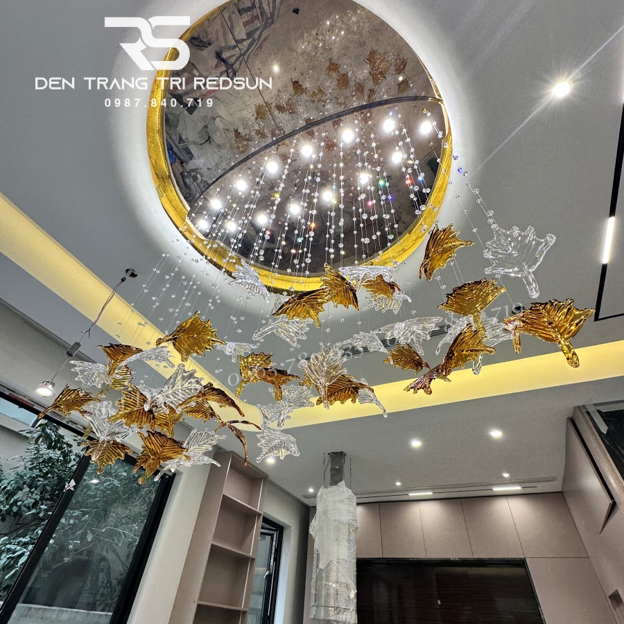 Đèn Thả Hiện Đại Lắp Phòng Khách, Sảnh Chờ, Cầu Thang Thông Tầng Lá Phong Chất Liệu Thuỷ Tinh HTK053