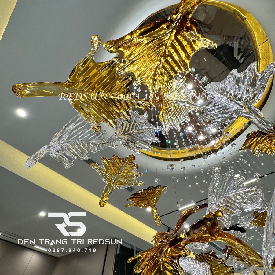 Đèn Thả Hiện Đại Lắp Phòng Khách, Sảnh Chờ, Cầu Thang Thông Tầng Lá Phong Chất Liệu Thuỷ Tinh HTK053