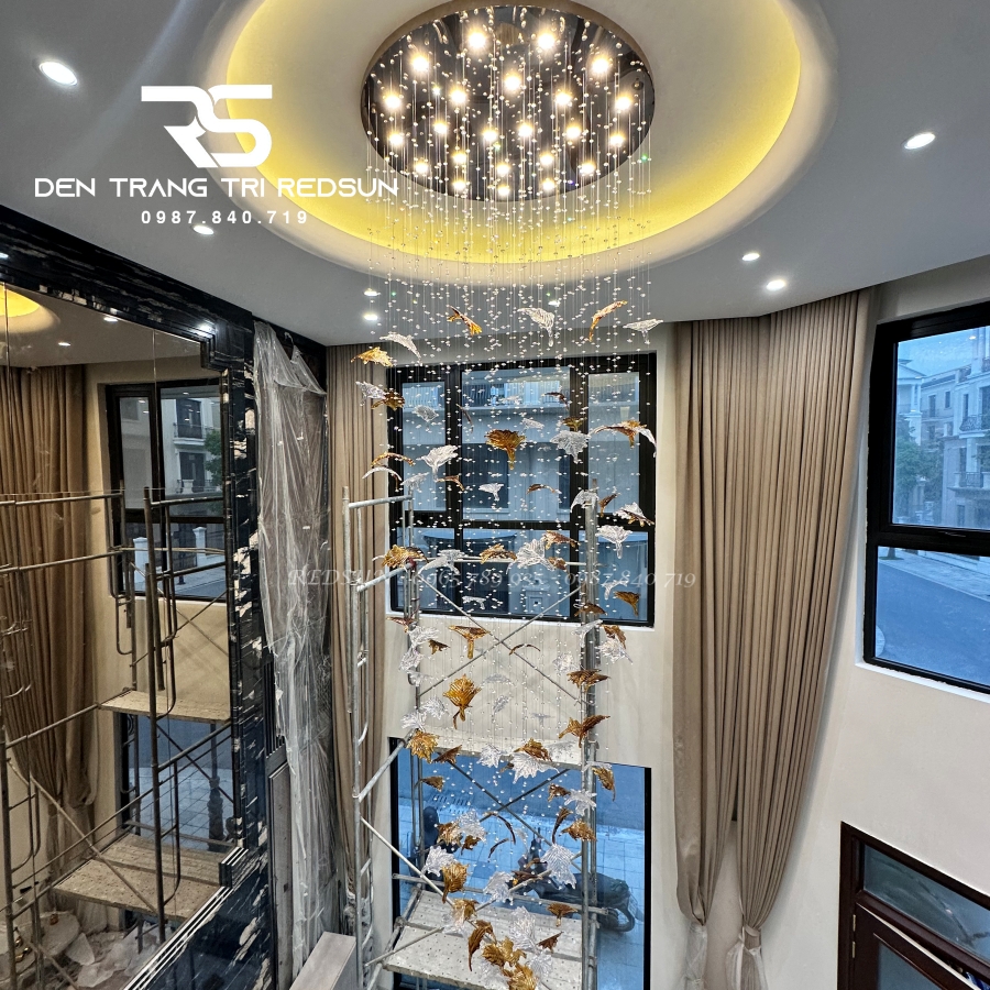 Đèn Thả Hiện Đại Lắp Phòng Khách, Sảnh Chờ, Cầu Thang Thông Tầng Lá Phong Chất Liệu Thuỷ Tinh HTK053