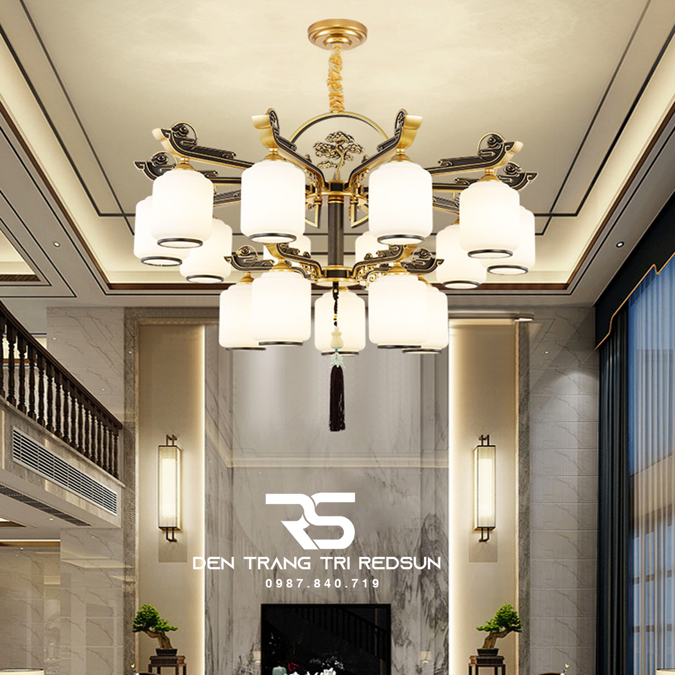 Đèn Chùm Phòng Khách Hiện Đại Phong Cách Indochine Chao Thuỷ Tinh N8005/15