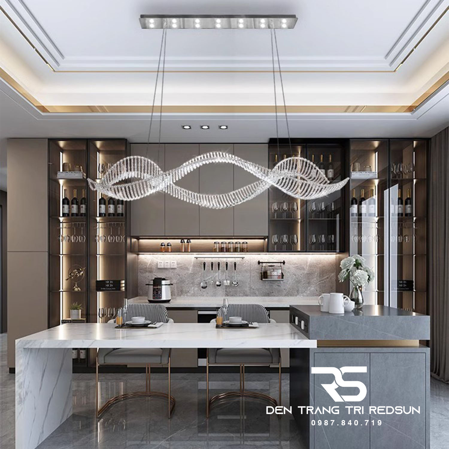 Đèn Chùm Pha Lê Thả Bàn Ăn, Bàn Đảo Hiện Đại Phong Cách Bắc Âu Lượn Sóng DCP-013