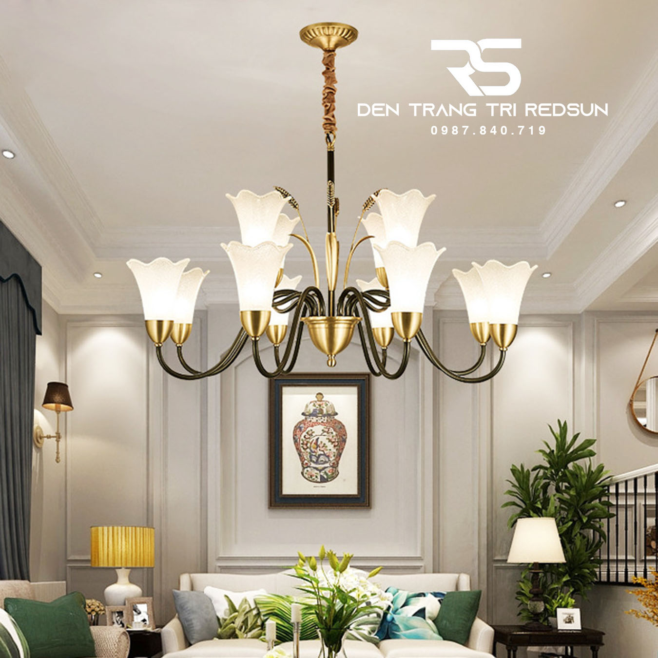 Đèn Chùm Phòng Khách Hiện Đại Phong Cách Indochine Chao Thuỷ Tinh N8037