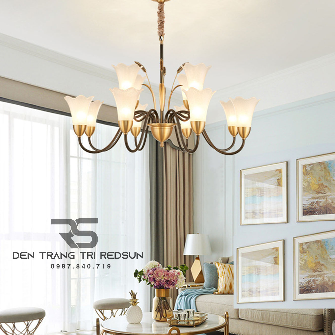 Đèn Chùm Phòng Khách Hiện Đại Phong Cách Indochine Chao Thuỷ Tinh N8037