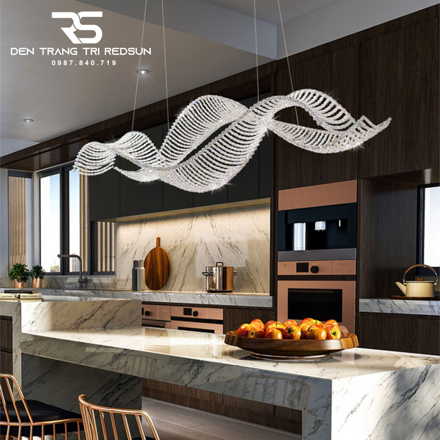 Đèn Chùm Pha Lê Thả Bàn Ăn, Bàn Đảo Hiện Đại Phong Cách Bắc Âu Lượn Sóng DCP-013