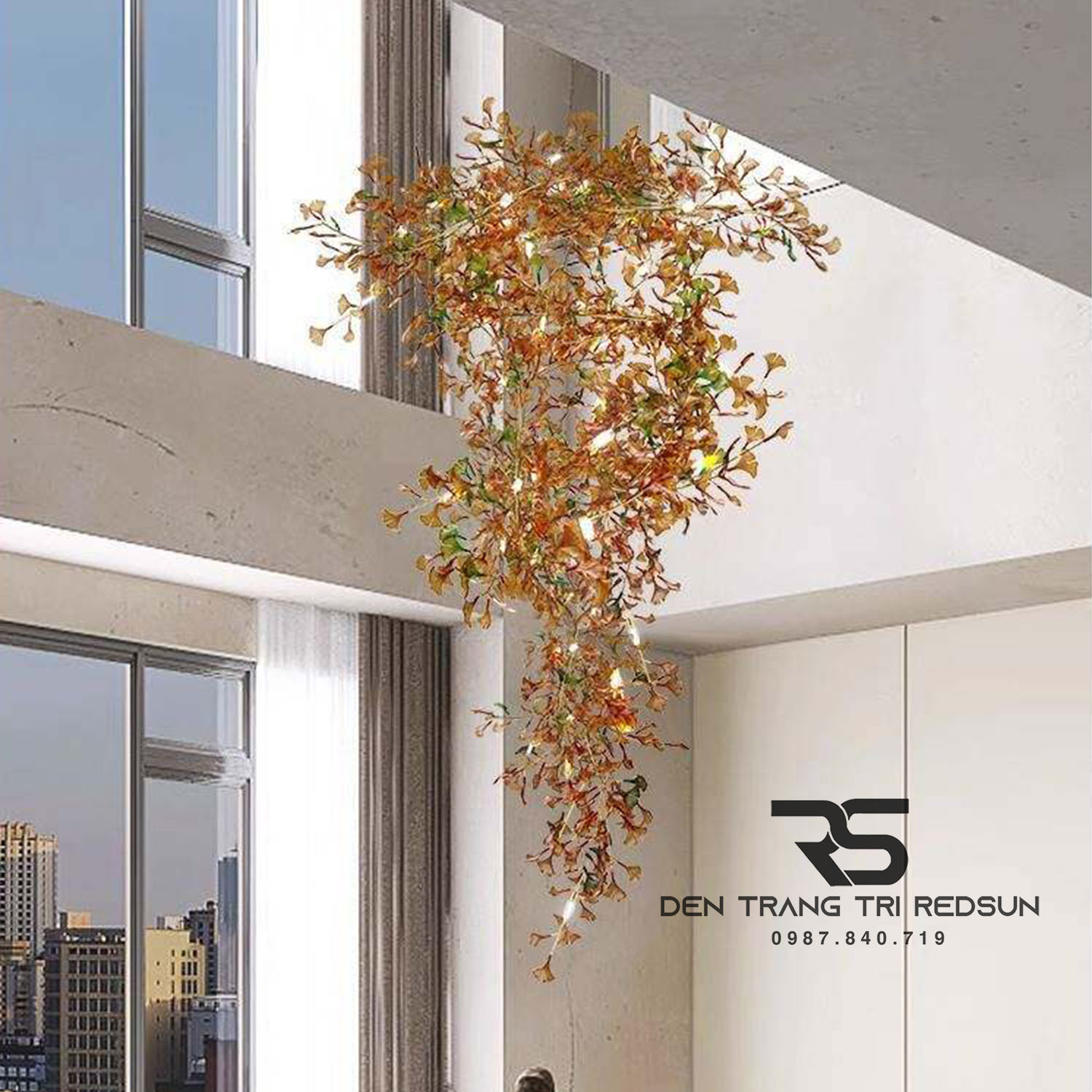 Đèn Chùm Ginkgo Leaf Lắp Thông Tầng, Sảnh Khách Sạn Phong Cách Bắc Âu Hiện Đại Lá Thủy Tinh Màu DC-T120