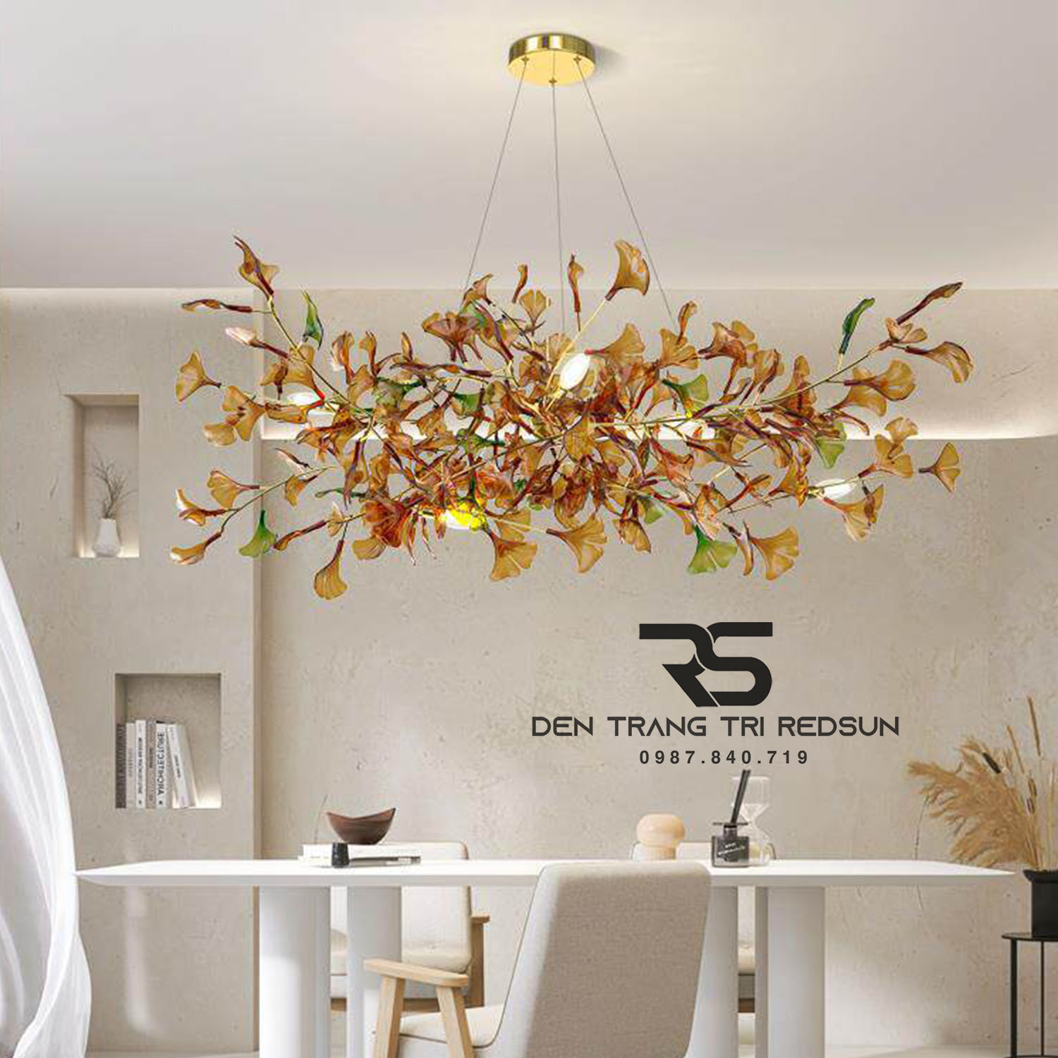 Đèn Chùm Ginkgo Leaf Lắp Phòng Khách, Bàn Ăn Phong Cách Bắc Âu Hiện Đại Lá Thủy Tinh Màu DC-T120