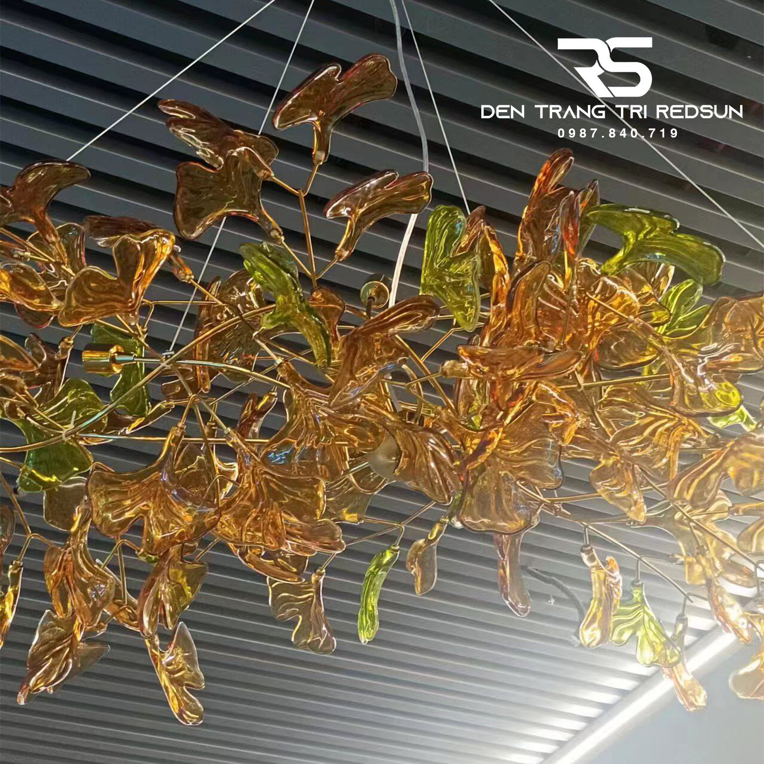 Đèn Chùm Ginkgo Leaf Lắp Phòng Khách, Bàn Ăn Phong Cách Bắc Âu Hiện Đại Lá Thủy Tinh Màu DC-T120