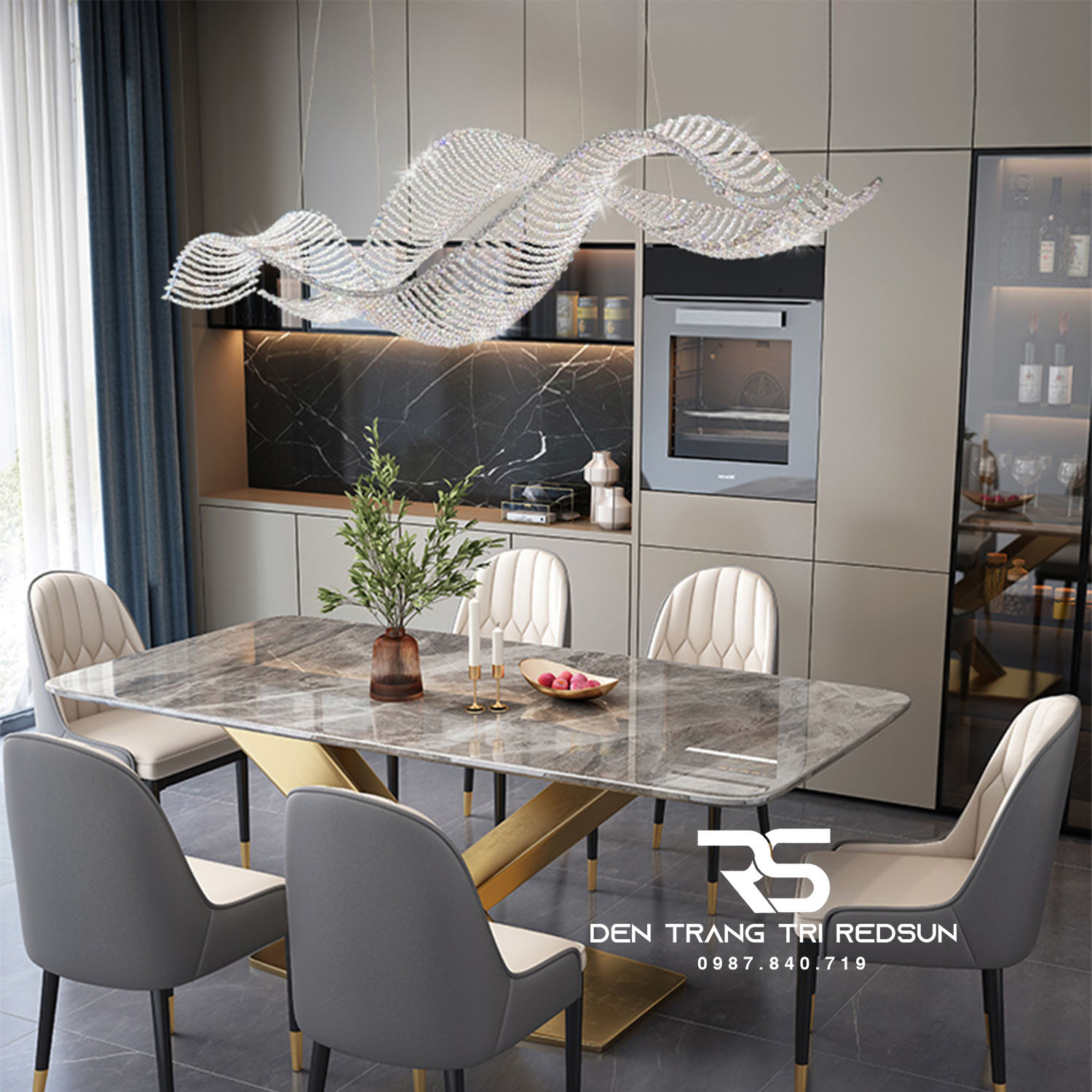 Đèn Chùm Pha Lê Thả Bàn Ăn, Bàn Đảo Hiện Đại Phong Cách Bắc Âu Lượn Sóng DCP-013