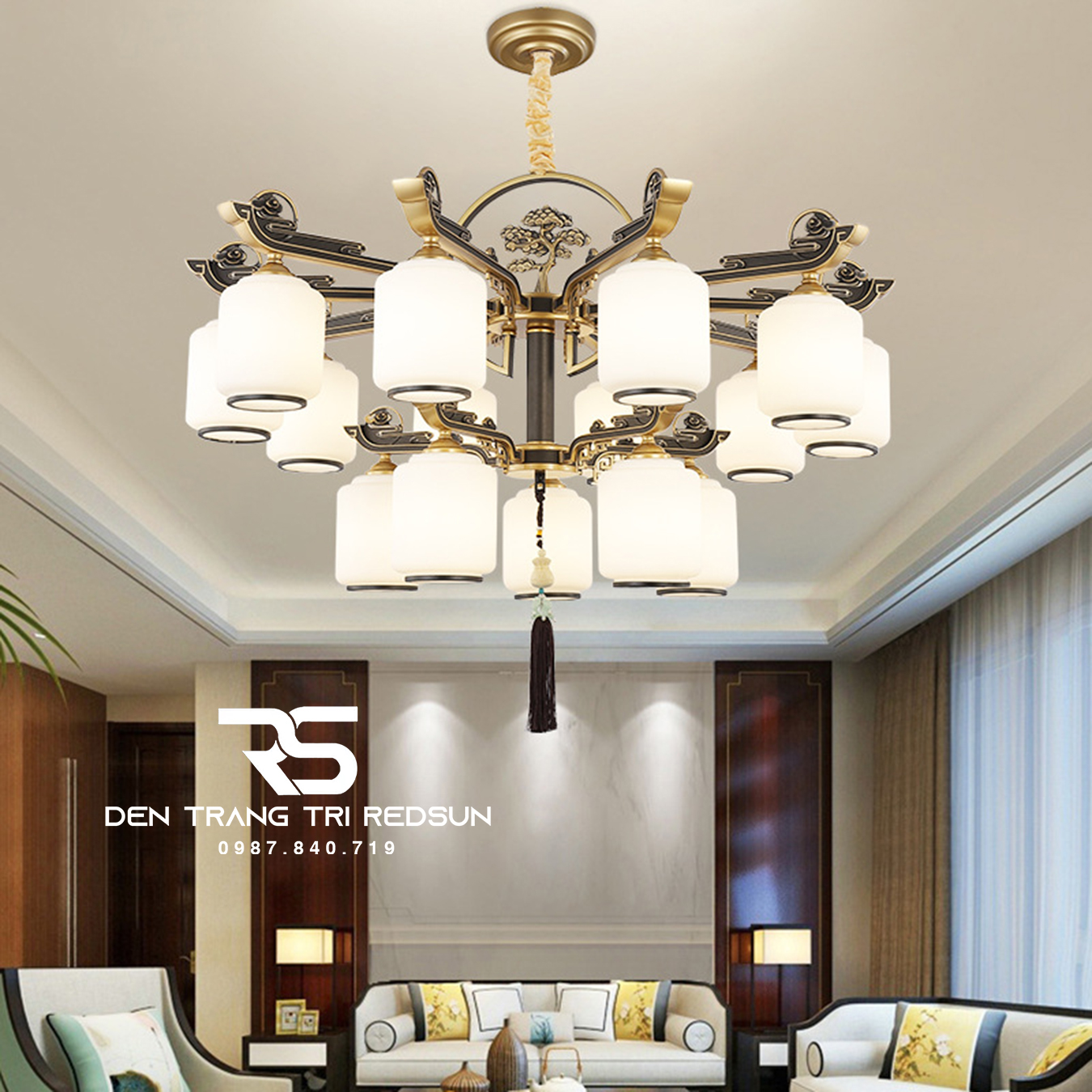 Đèn Chùm Phòng Khách Hiện Đại Phong Cách Indochine Chao Thuỷ Tinh N8005/15