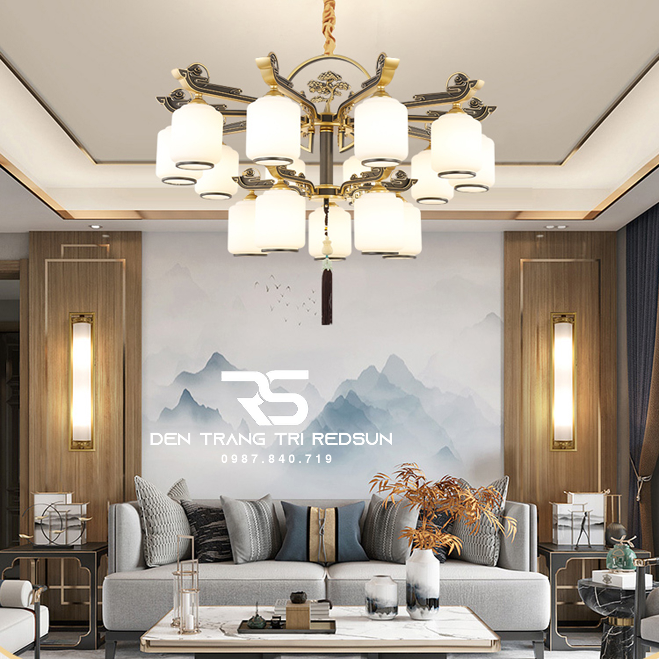 Đèn Chùm Phòng Khách Hiện Đại Phong Cách Indochine Chao Thuỷ Tinh N8005/15