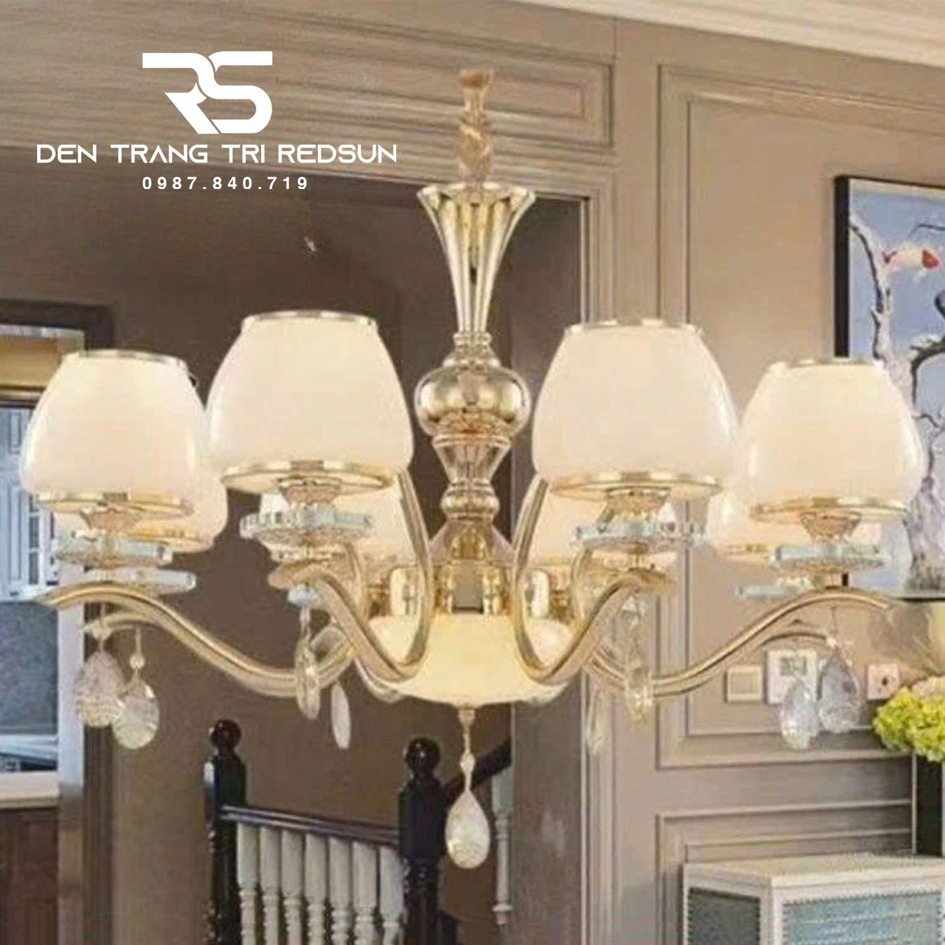 Đèn Chùm Phòng Khách Tân Cổ Điển Chao Thủy Tinh DC-C8906