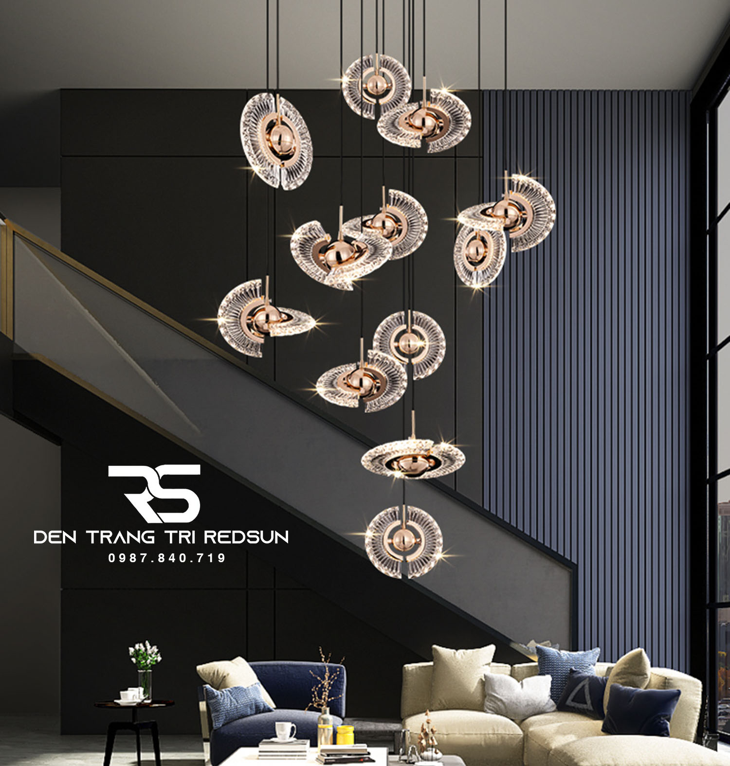 Đèn Thả Trần Hiện Đại Lắp Thông Tầng Cầu Thang, Phòng Khách, Bàn Ăn Chất Liệu Acrylic HTK072