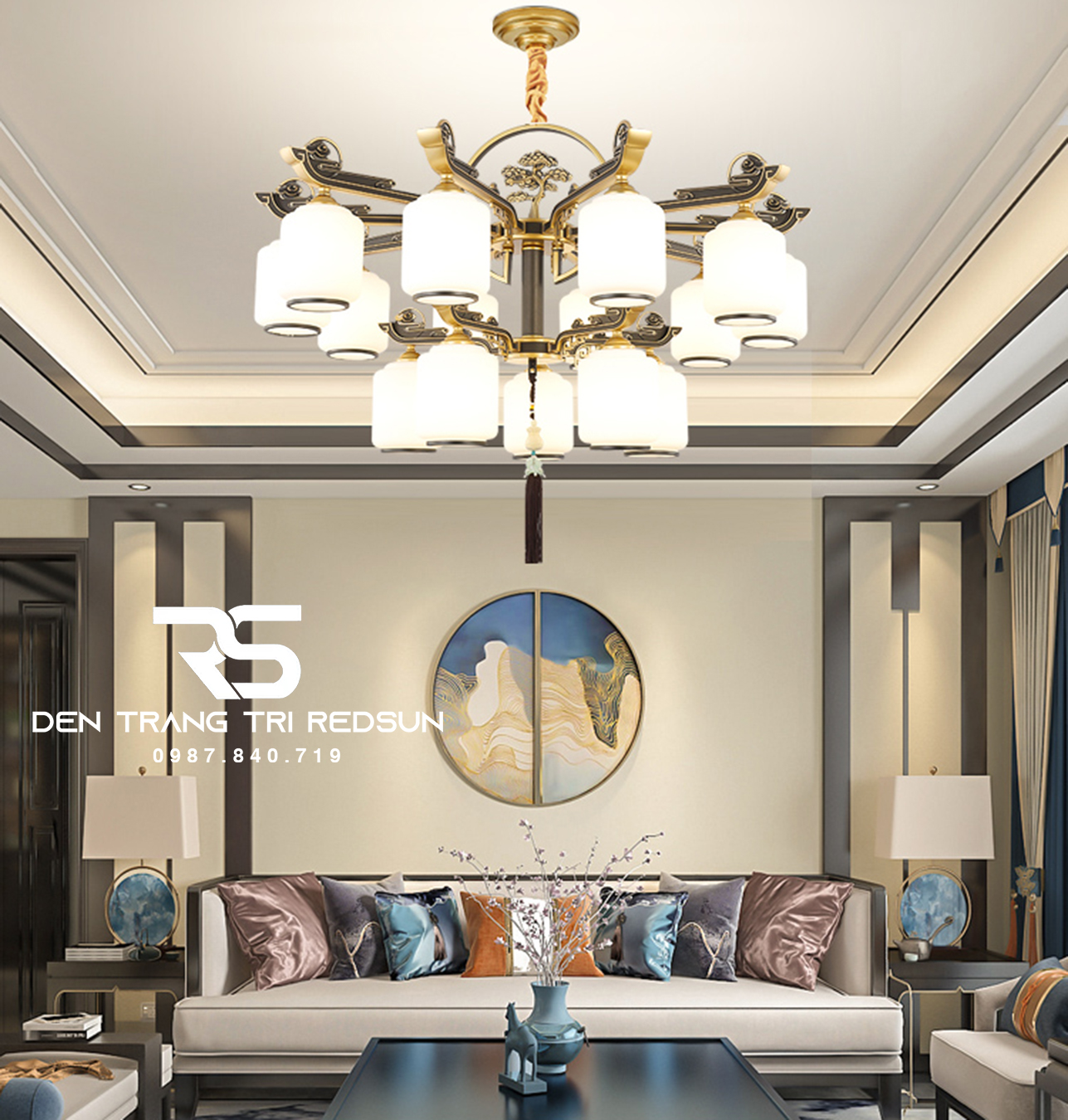 Đèn Chùm Phòng Khách Hiện Đại Phong Cách Indochine Chao Thuỷ Tinh N8005/15