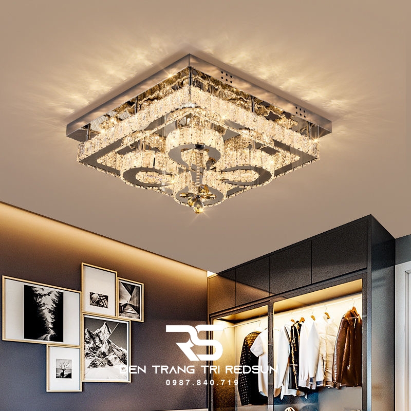 Đèn Mâm Pha Lê Ốp Trần Vuông Phòng Khách Hiện Đại M9248