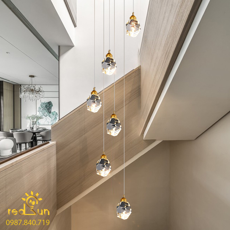 Đèn Thả Trần Hiện Đại Lắp Thông Tầng Cầu Thang, Phòng Khách, Bàn Ăn Chất Liệu Pha Lê HTK027 