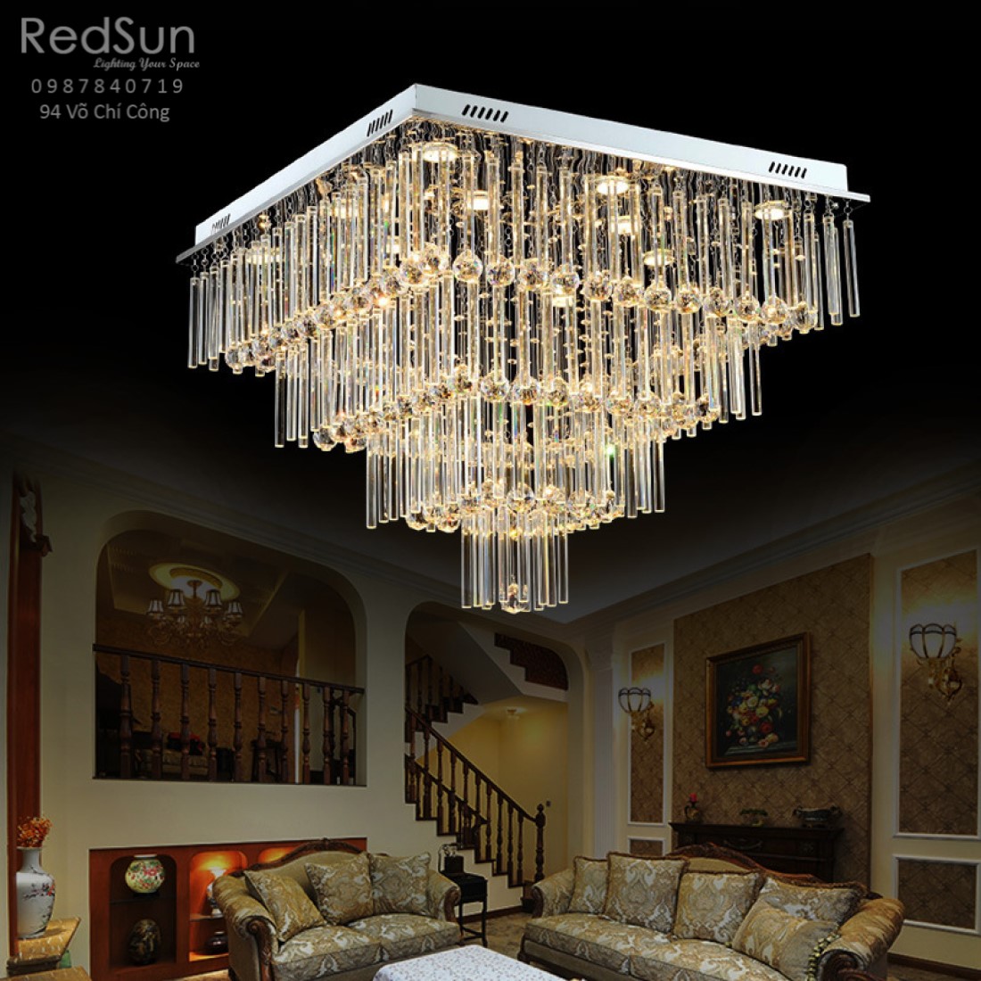 Chùm thả giọt pha lê 4 tầng mâm vuông CT8001-V