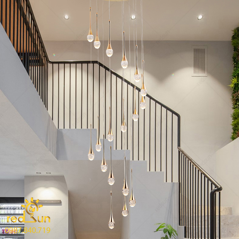 Đèn Thả Trần Hiện Đại Lắp Thông Tầng Cầu Thang, Phòng Khách, Bàn Ăn Chất Liệu Pha Lê HTK033