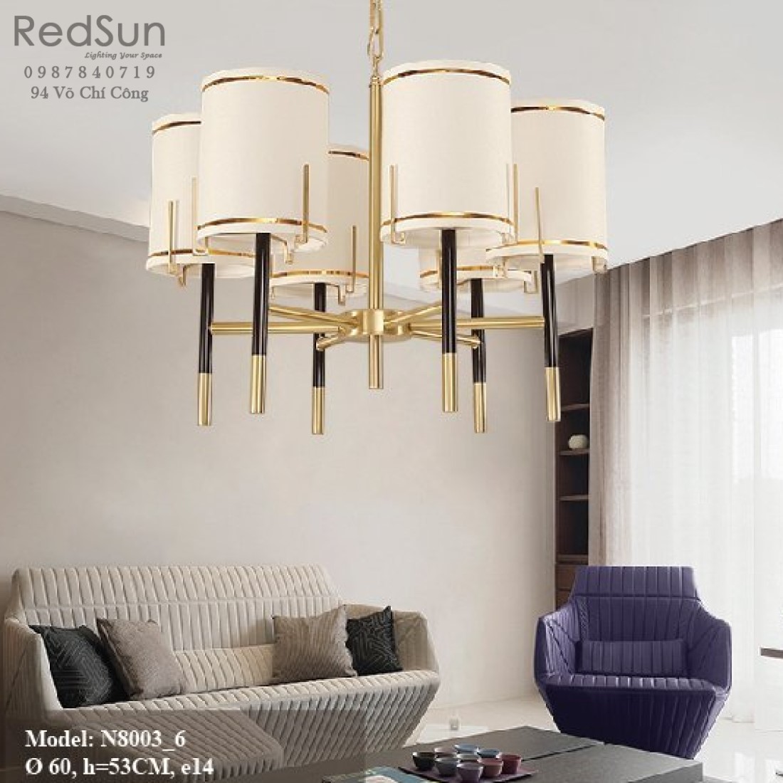 Đèn chùm 6 chao phong cách tân cổ điển N8003