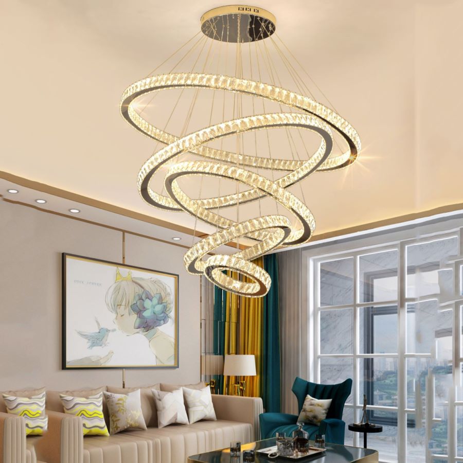 Đèn Chùm Pha Lê Hiện Đại Cao Cấp Lắp Thông Tầng Phòng Khách, Cầu Thang, Sảnh Khách Sạn TPLTD Bản 5cm