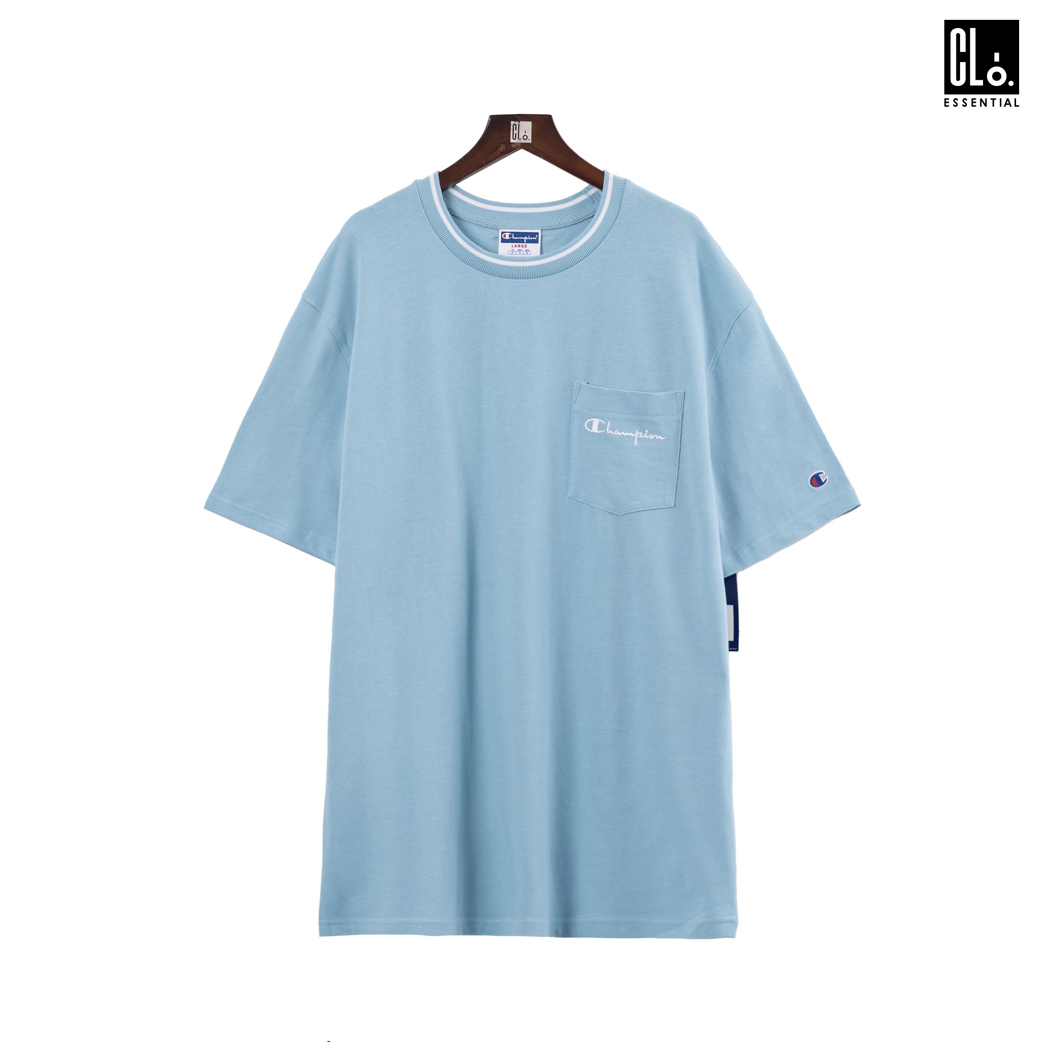 Champion LIFE, Embroidered Script Logo Tipped Collar Pocket T-Shirt - Amazing Aqua