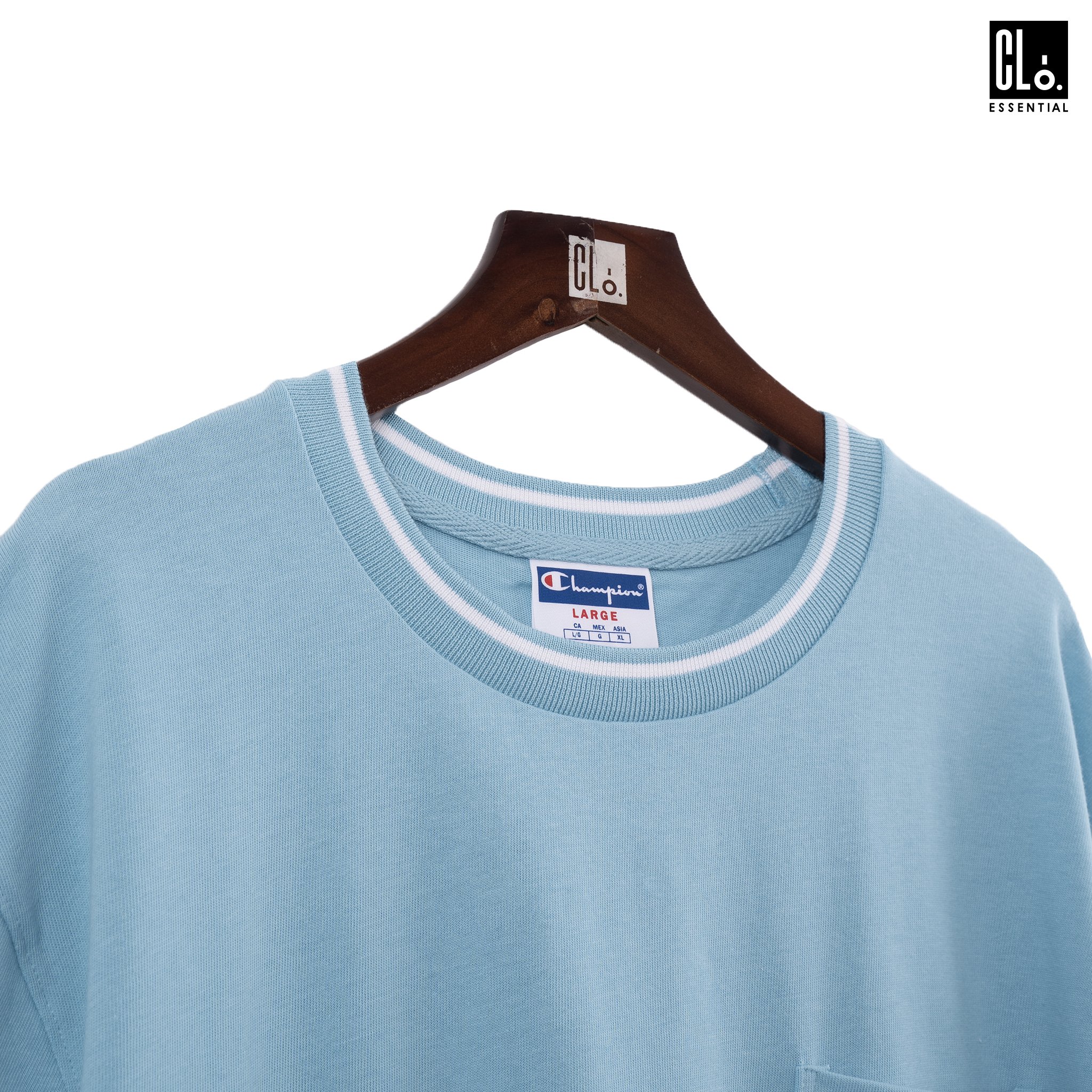 Champion LIFE, Embroidered Script Logo Tipped Collar Pocket T-Shirt - Amazing Aqua