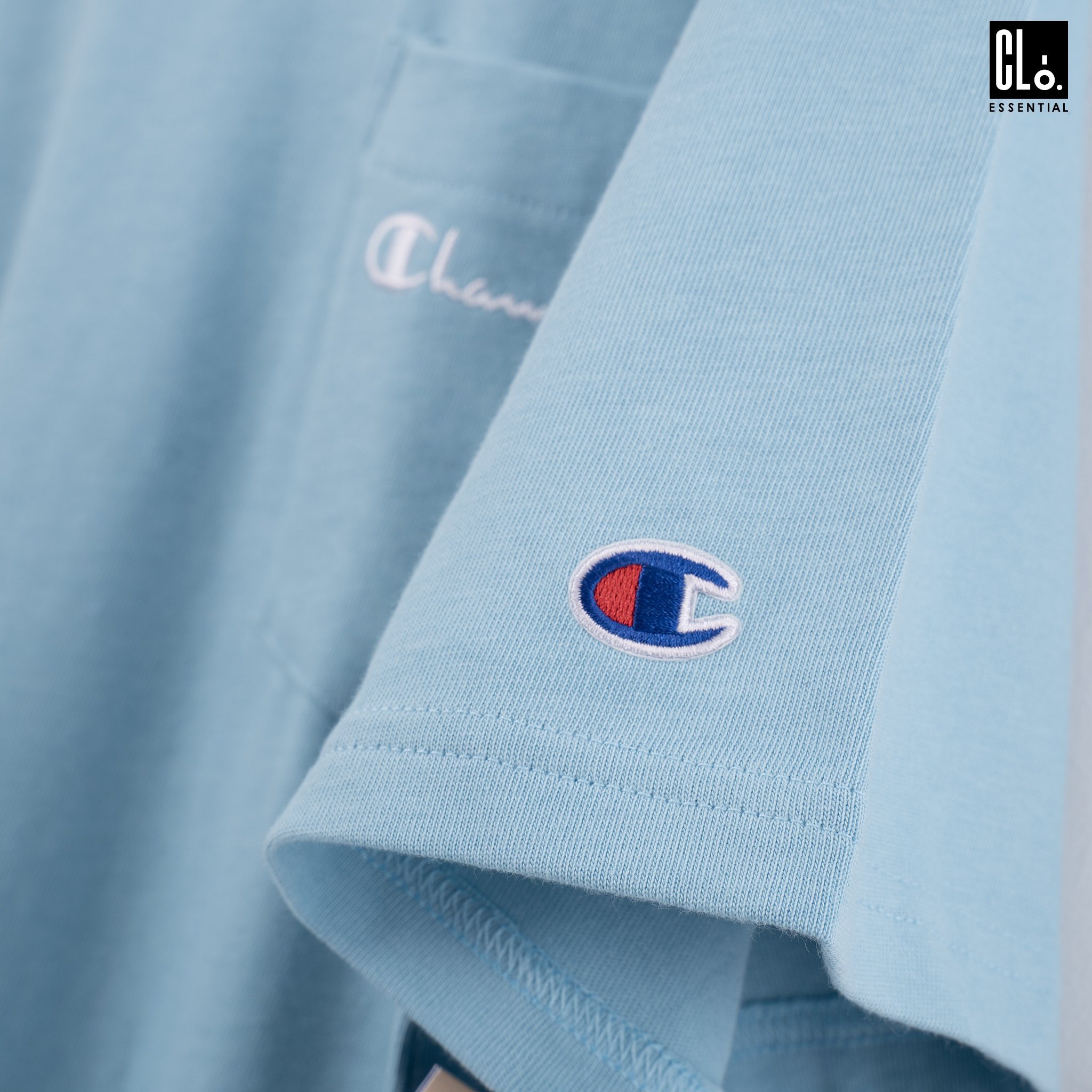 Champion LIFE, Embroidered Script Logo Tipped Collar Pocket T-Shirt - Amazing Aqua