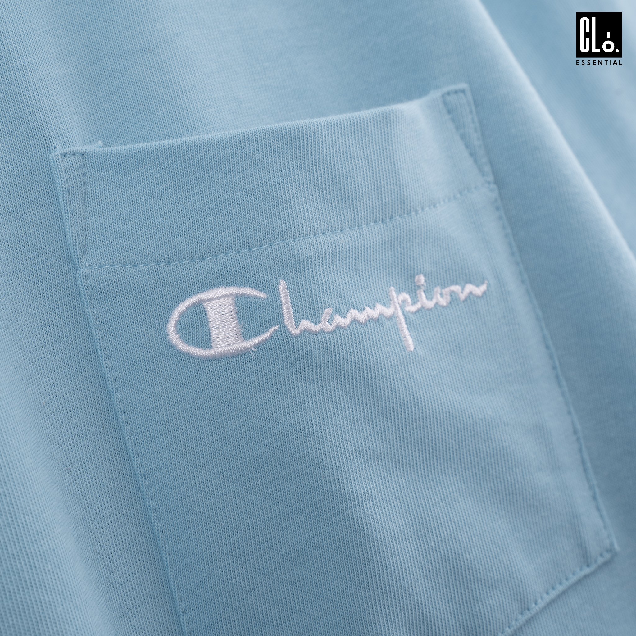 Champion LIFE, Embroidered Script Logo Tipped Collar Pocket T-Shirt - Amazing Aqua