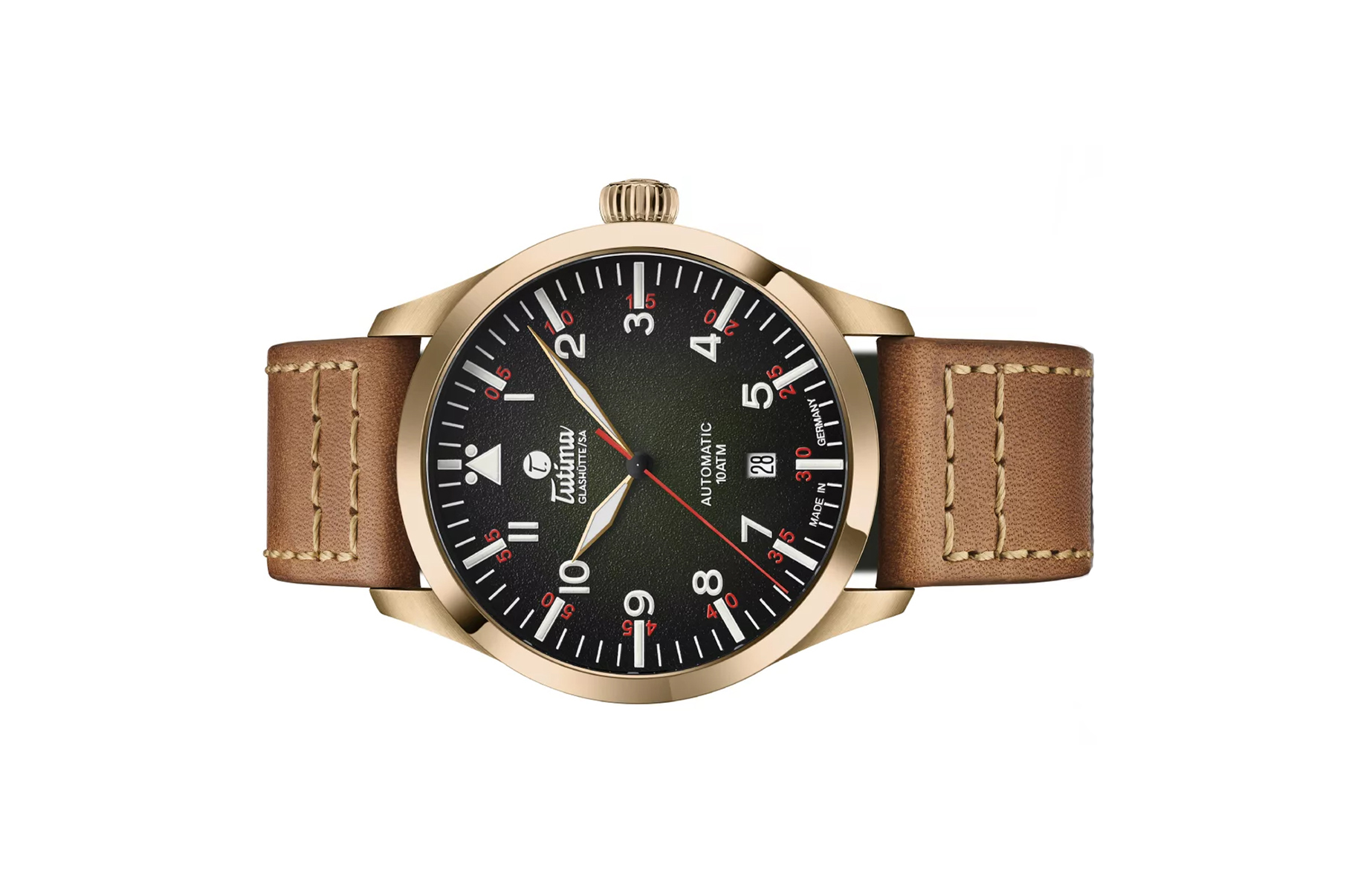 Tutima, dòng sản phẩm Flieger, Ref no: 6115-03, mặt số màu xanh lá cây size 41.5mm, máy tự động, vỏ đồng hồ bằng đồng, dây da tổng hợp, hàng mới 100%