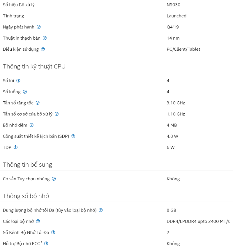Thông số hiệu suất của các chip intel