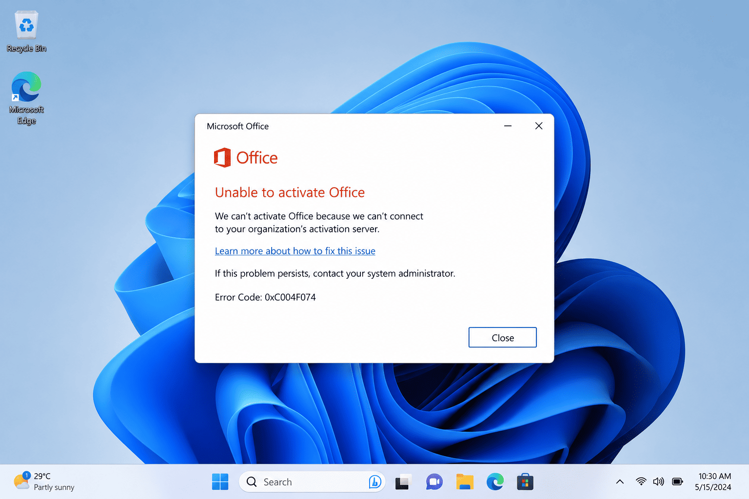 Lỗi kích hoạt Microsoft Office.
