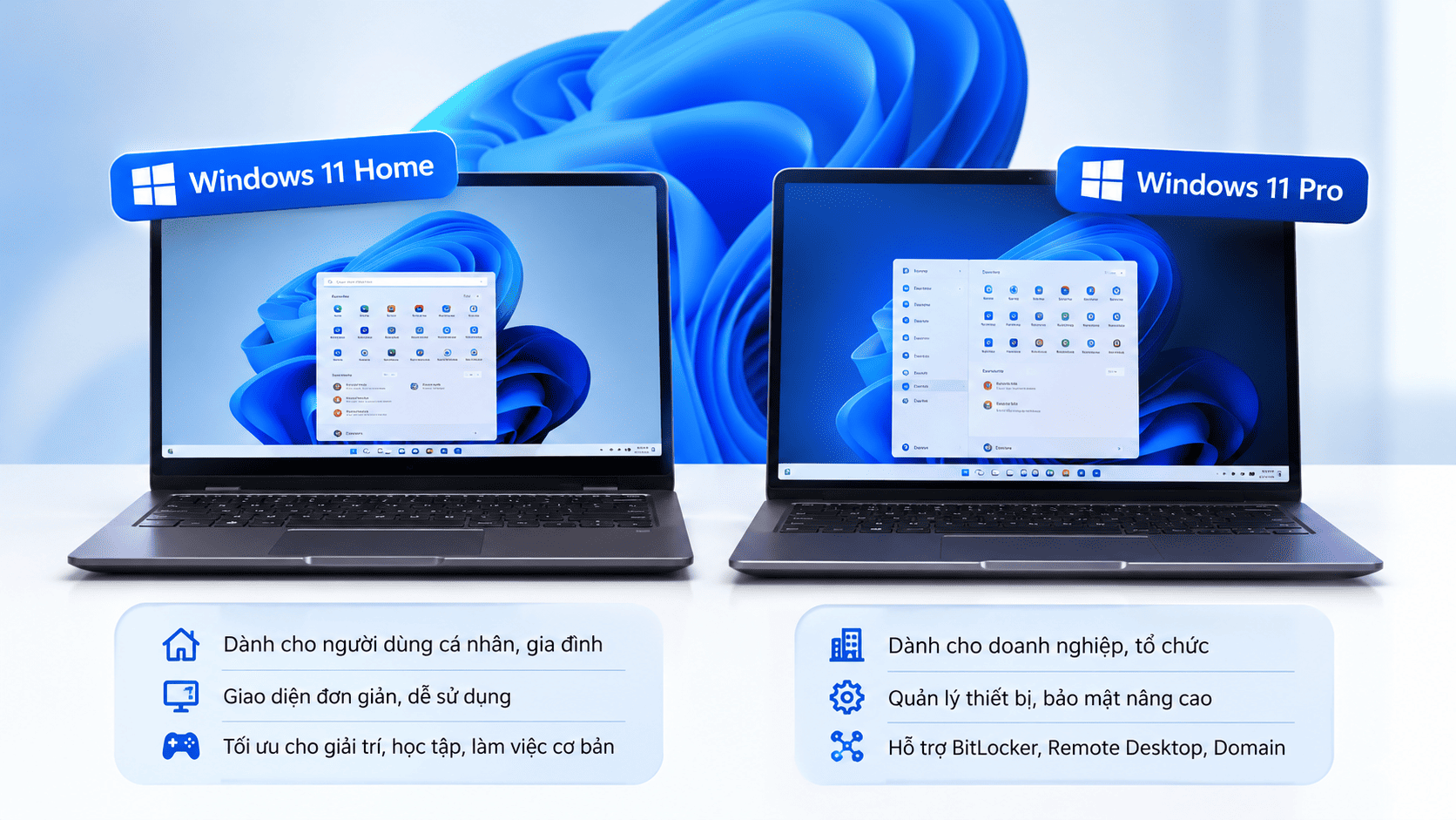 So sánh Windows 11 Home và Windows 11 Pro.