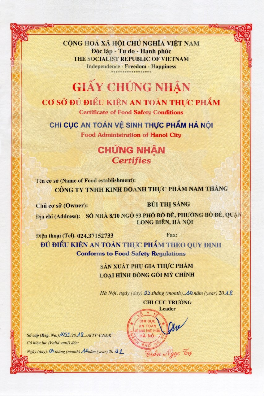 Giấy chứng nhận Cơ sở đủ điều kiện an toàn thực phẩm